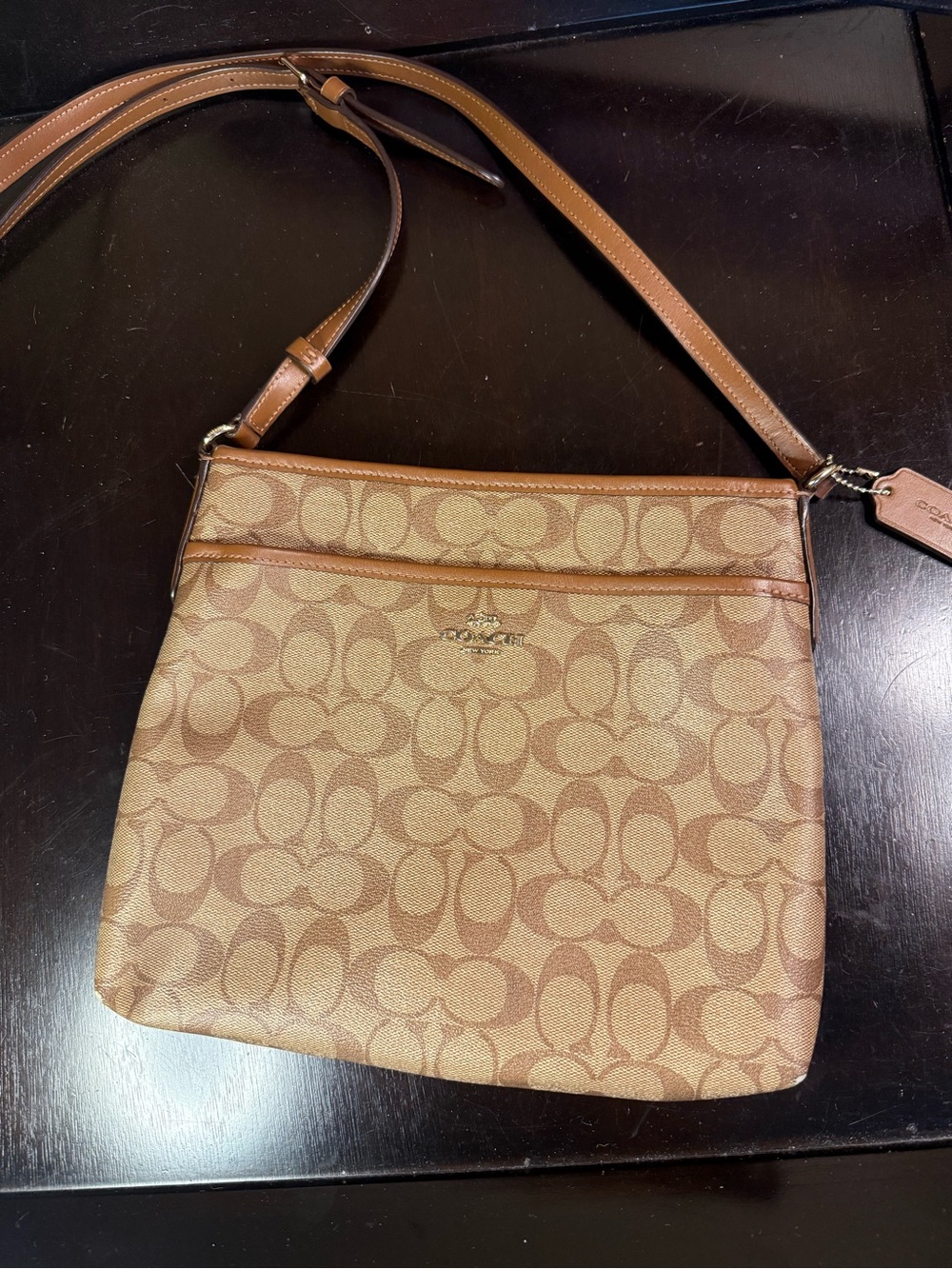 Coach Brown Signature Canvas Crossbody Bag with Tan Leather Trim